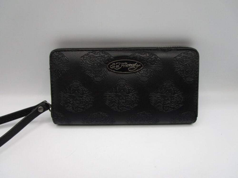 Ed Hardy Black Wristlet Zip Around Wallet Tiger Head All Over Print NWOT